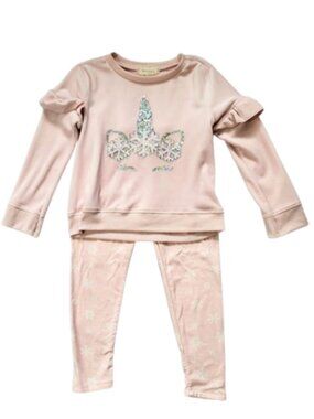 BTWEEN Light Pink Sequined Unicorn Top & Leggings Outfit 2-Piece Set - Girl's 5